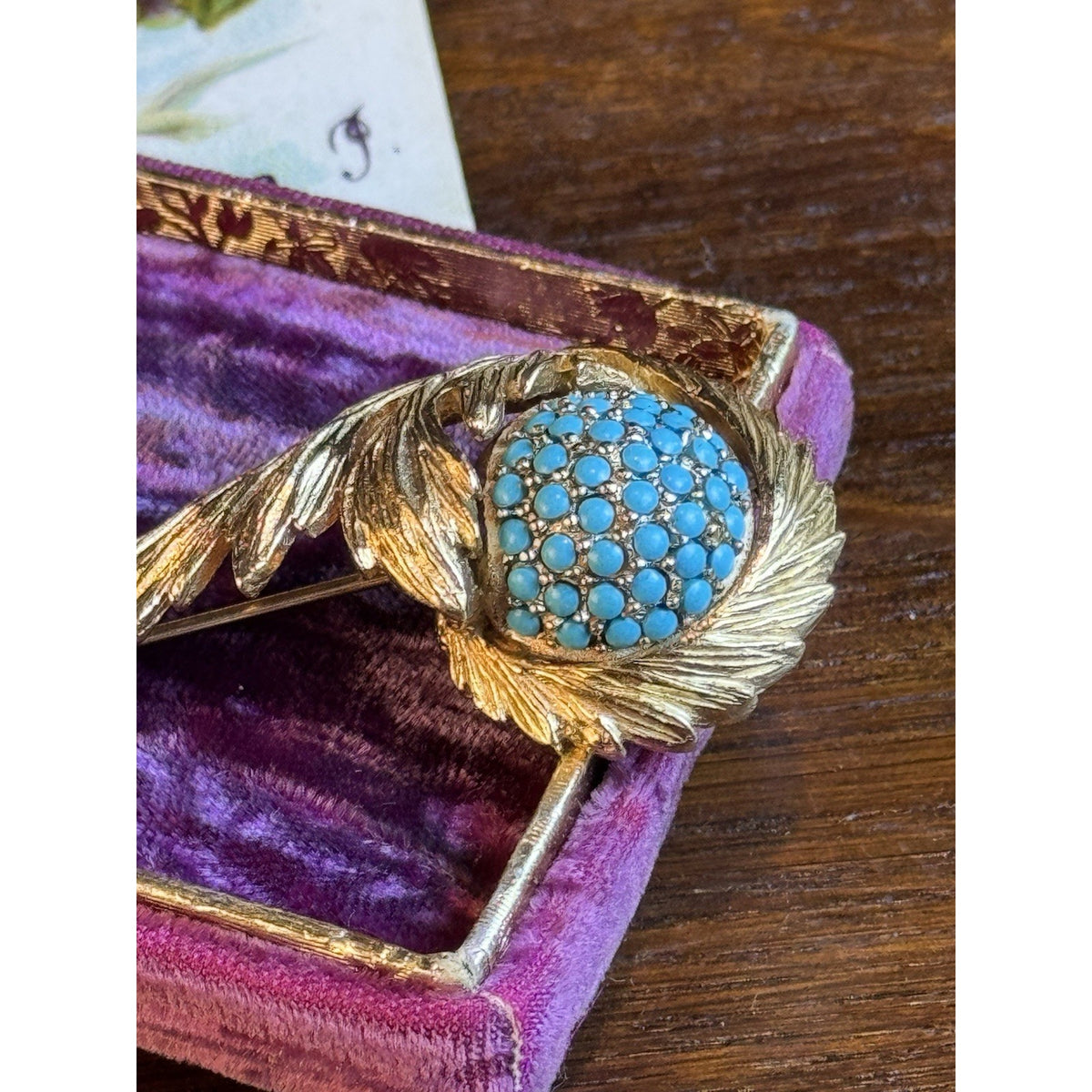 Signed Hattie Carnegie Brooch Goldtone Feather Turquoiseblue Glass 2.5”