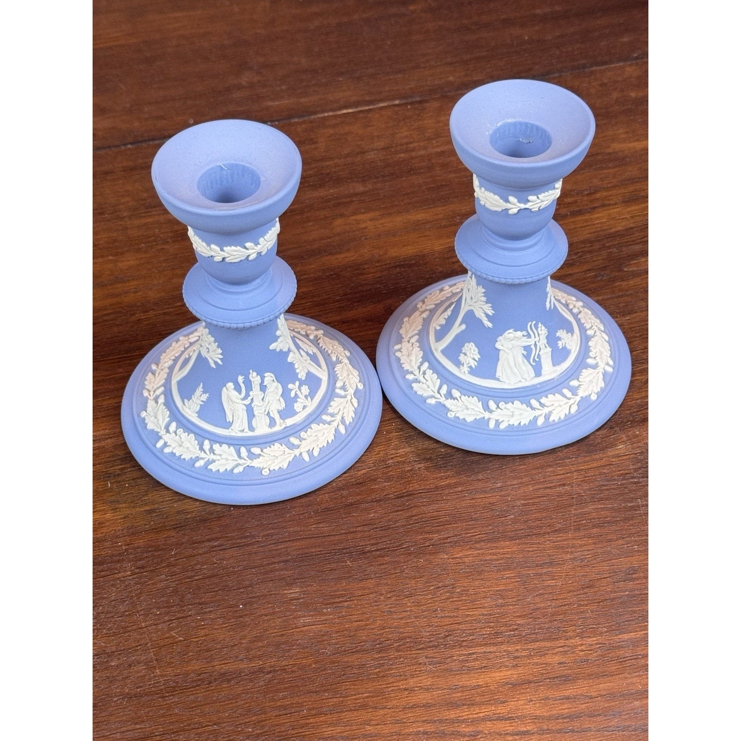 Wedgwood Blue Jasperware Candlestick Pair NEOCLASSICAL Figures 1982 4.75”