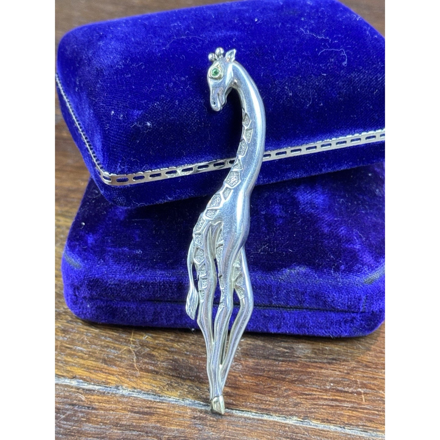 Vintage Sterling Silver 14K Gold Giraffe Brooch Green Eye Figural 3.75”