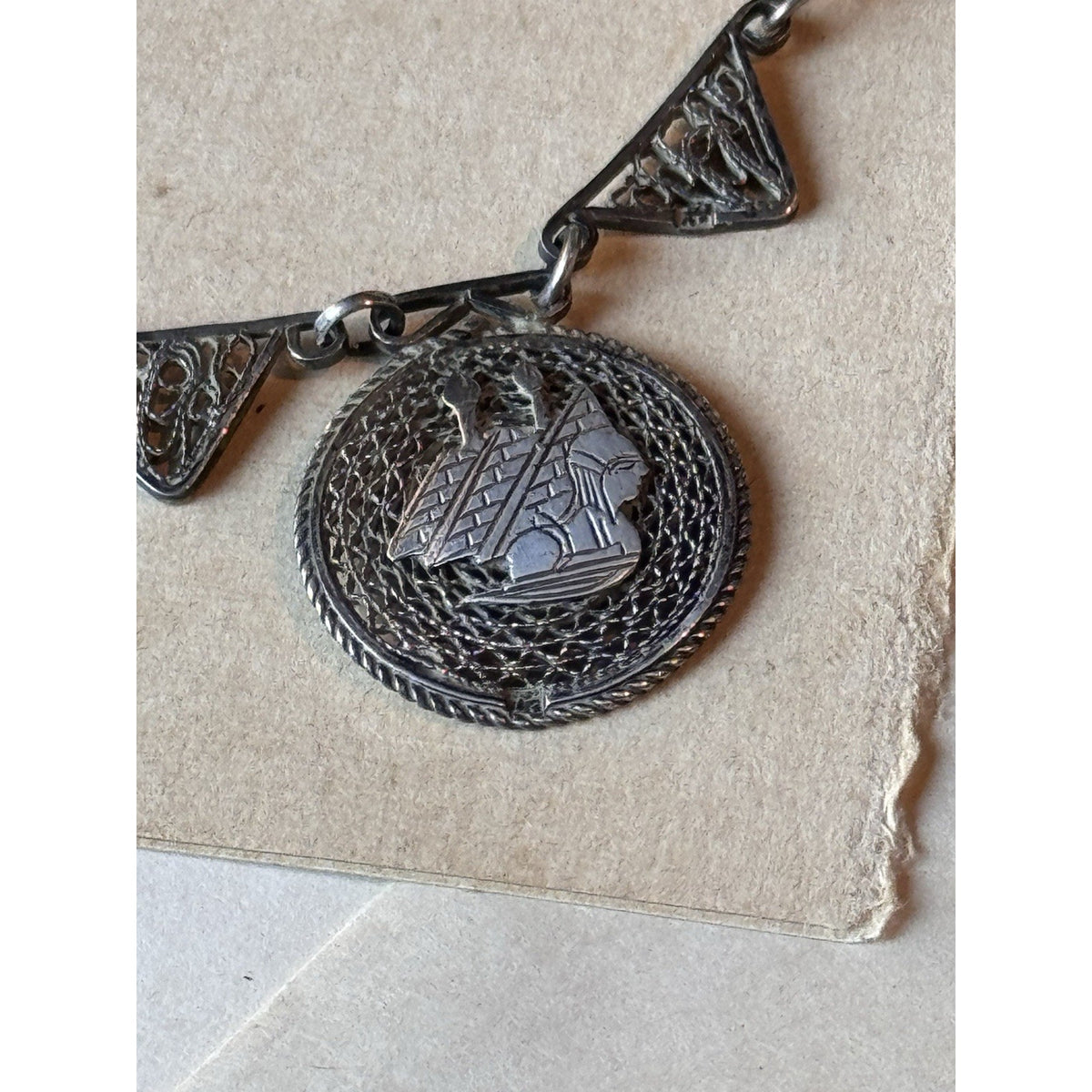 Egyptian Revival Necklace Pharaoh Pyramids Elephant Silvertone Filigree 18”