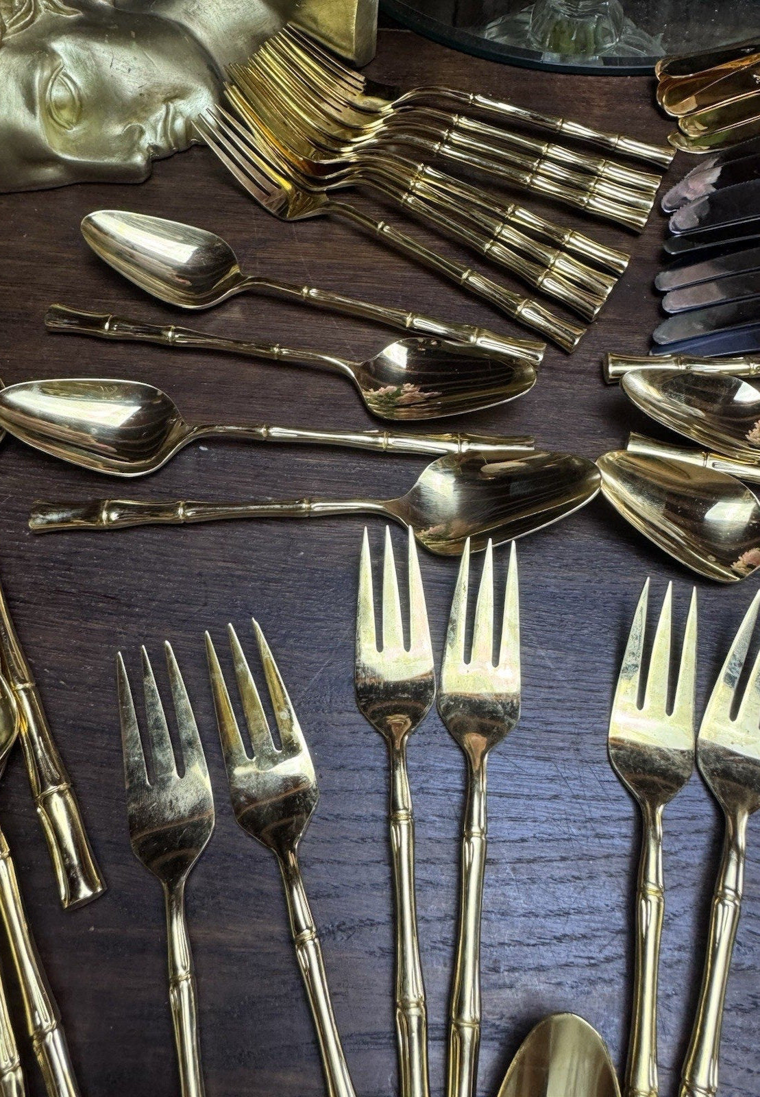 Vintage Bamboo Flatware Set Signed VS Gold Plated– 58 Pieces
