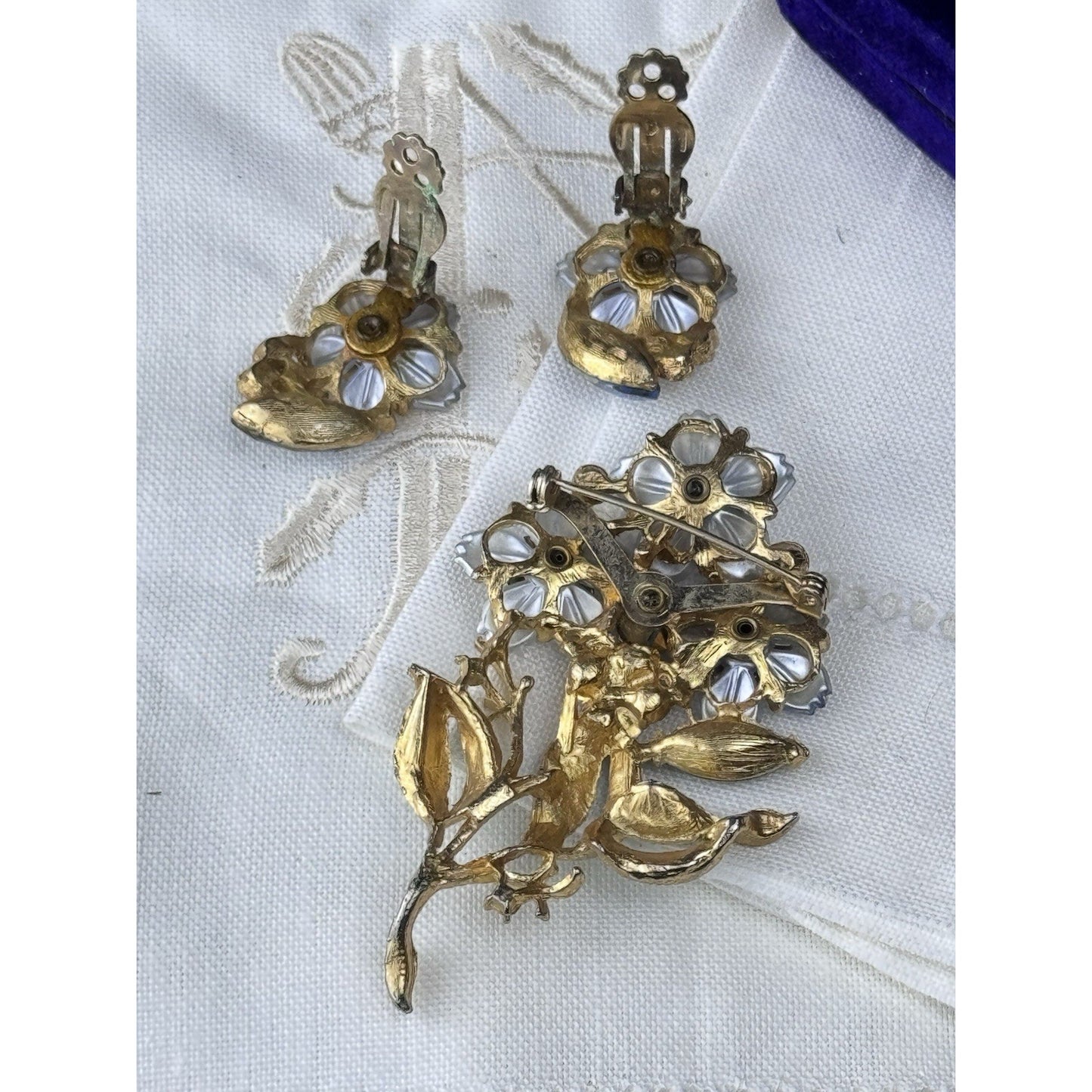 Vintage Floral Brooch Goldtone Blue Enamel Clip Earrings Demi Parure 3”