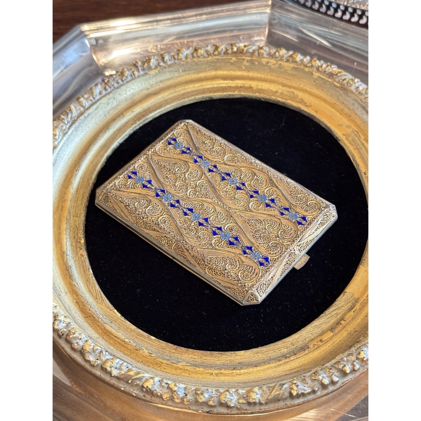 Vintage Cannetille Silver  Case Blue Enamel Gilt - Business Card Holder-