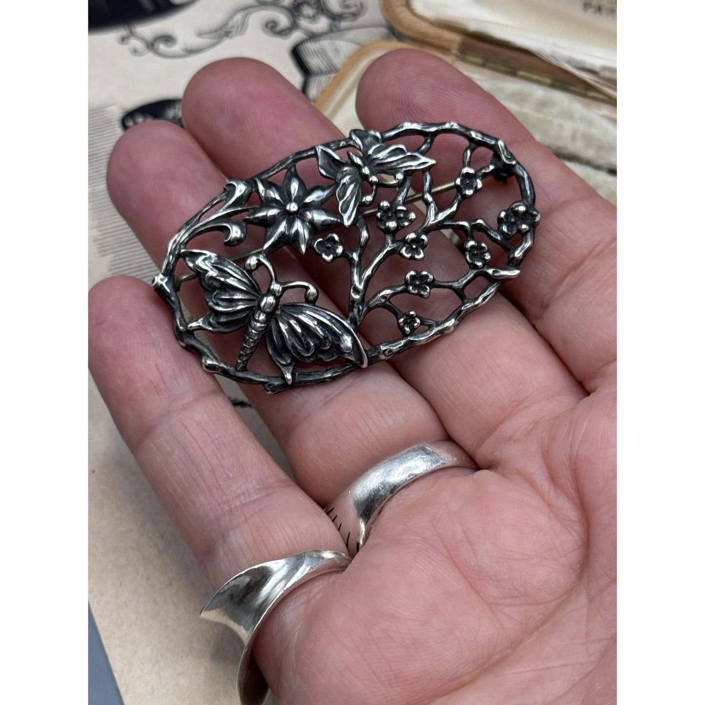 CFO Danecraft Brooch Sterling Butterfly Floral Openwork Signed 2.25”