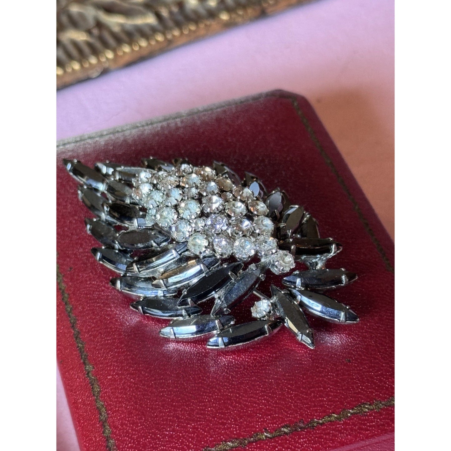 Vintage Black Rhinestone Brooch Clear Crystal Floral Spray Pin 3” Statement