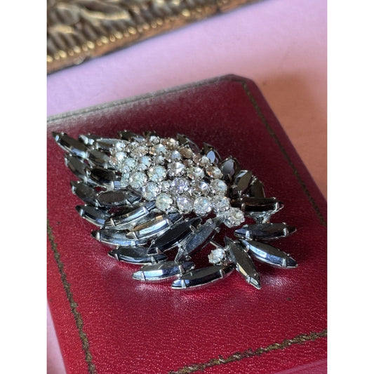 Vintage Black Rhinestone Brooch Clear Crystal Floral Spray Pin 3” Statement