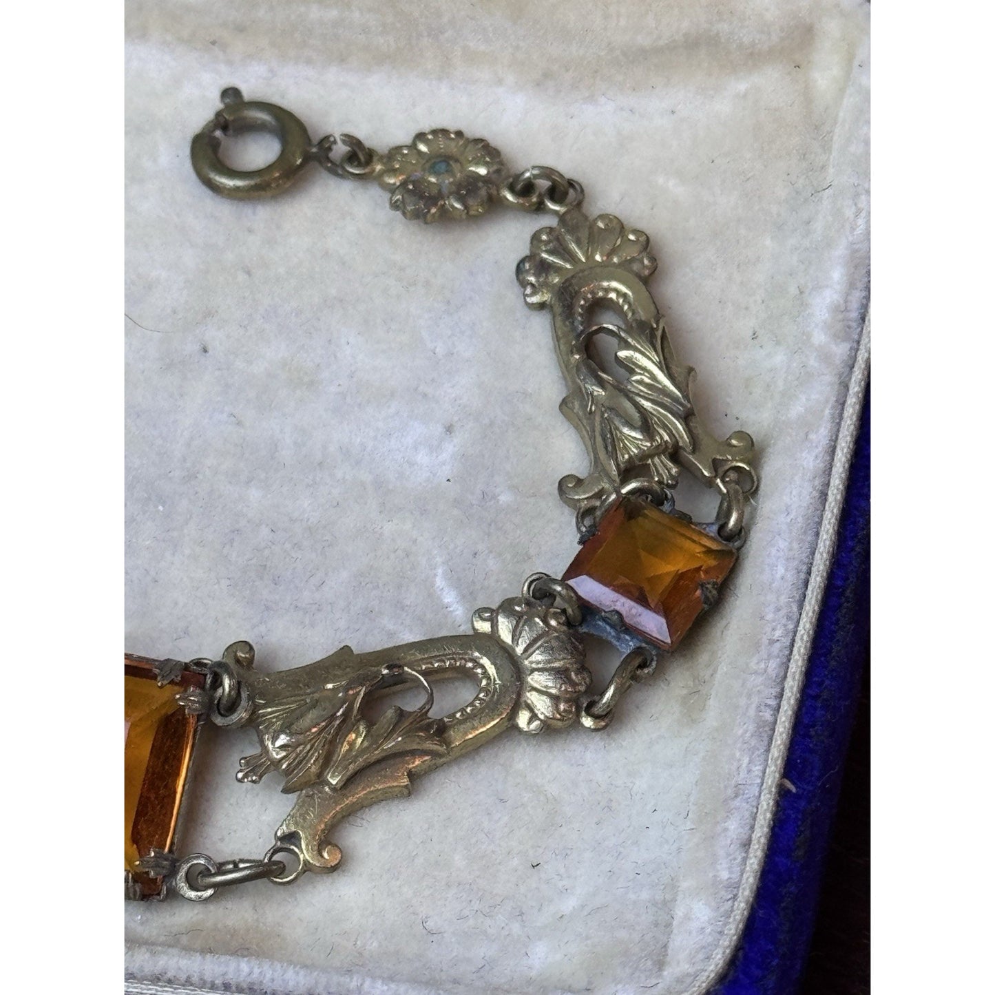 Antique Czech Bracelet Ambertone Paste Art Nouveau Goldtone Floral Links 7.25”