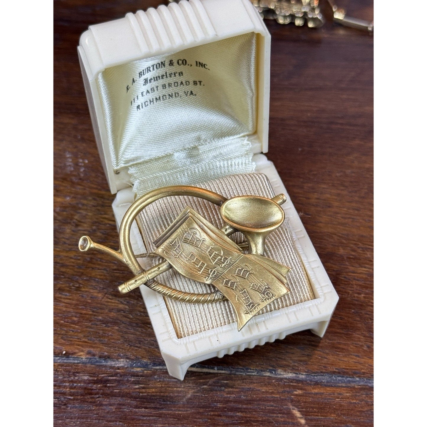 Vintage Brooch Goldtone French Horn Sheet Music Signed Old Salem 2”