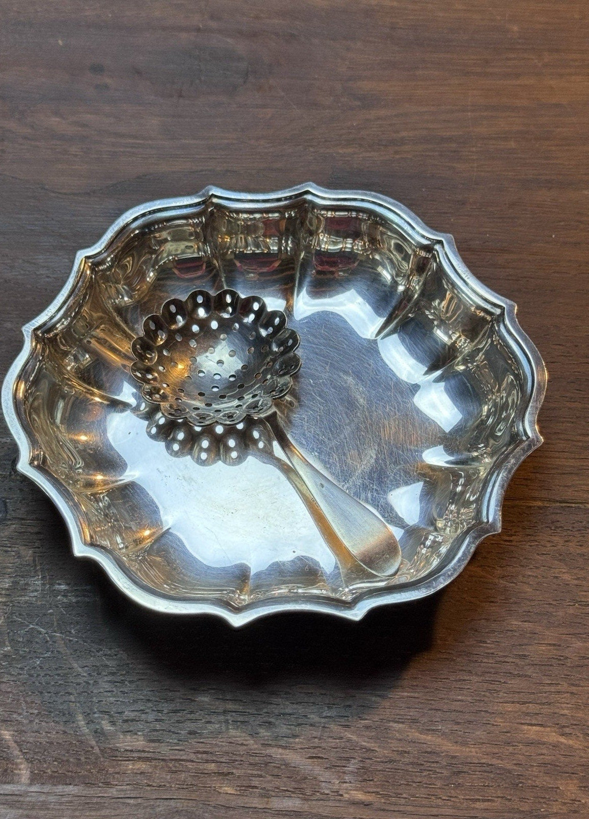 Vintage Silverplate Mint Julep Strainer Spoon & Small Nut Dish