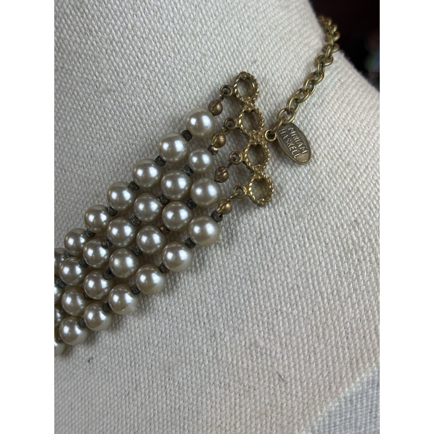 Miriam Haskell Choker Necklace 4 Strand Faux Pearl Goldtone Leaf 18” READ‼️