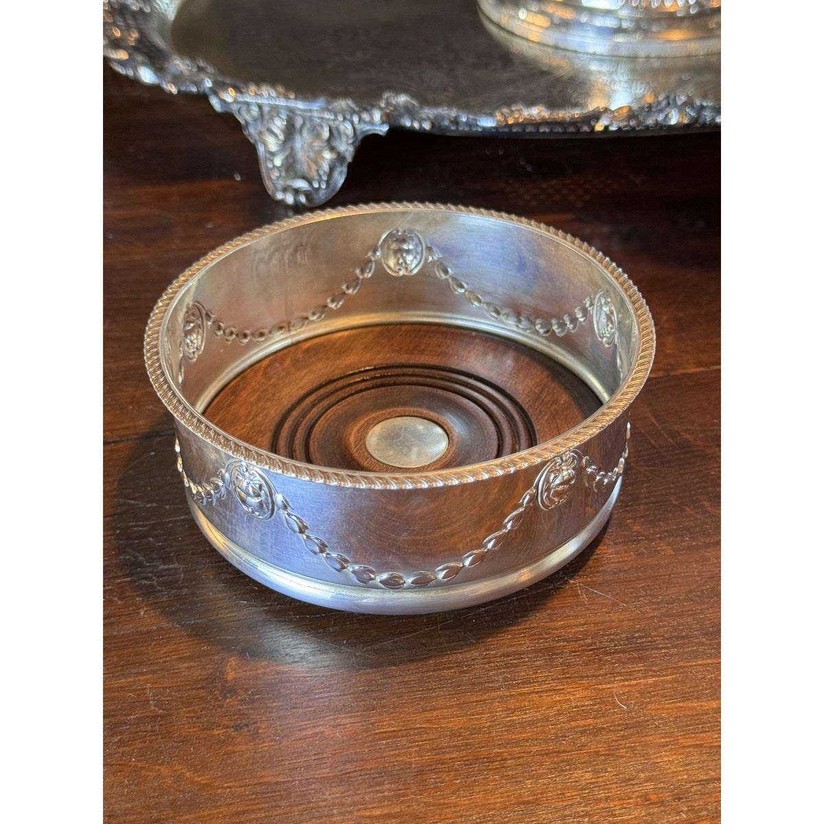 Silverplate Wine Bottle Coaster Wood Base Floral Garland Lion Head 5.5”