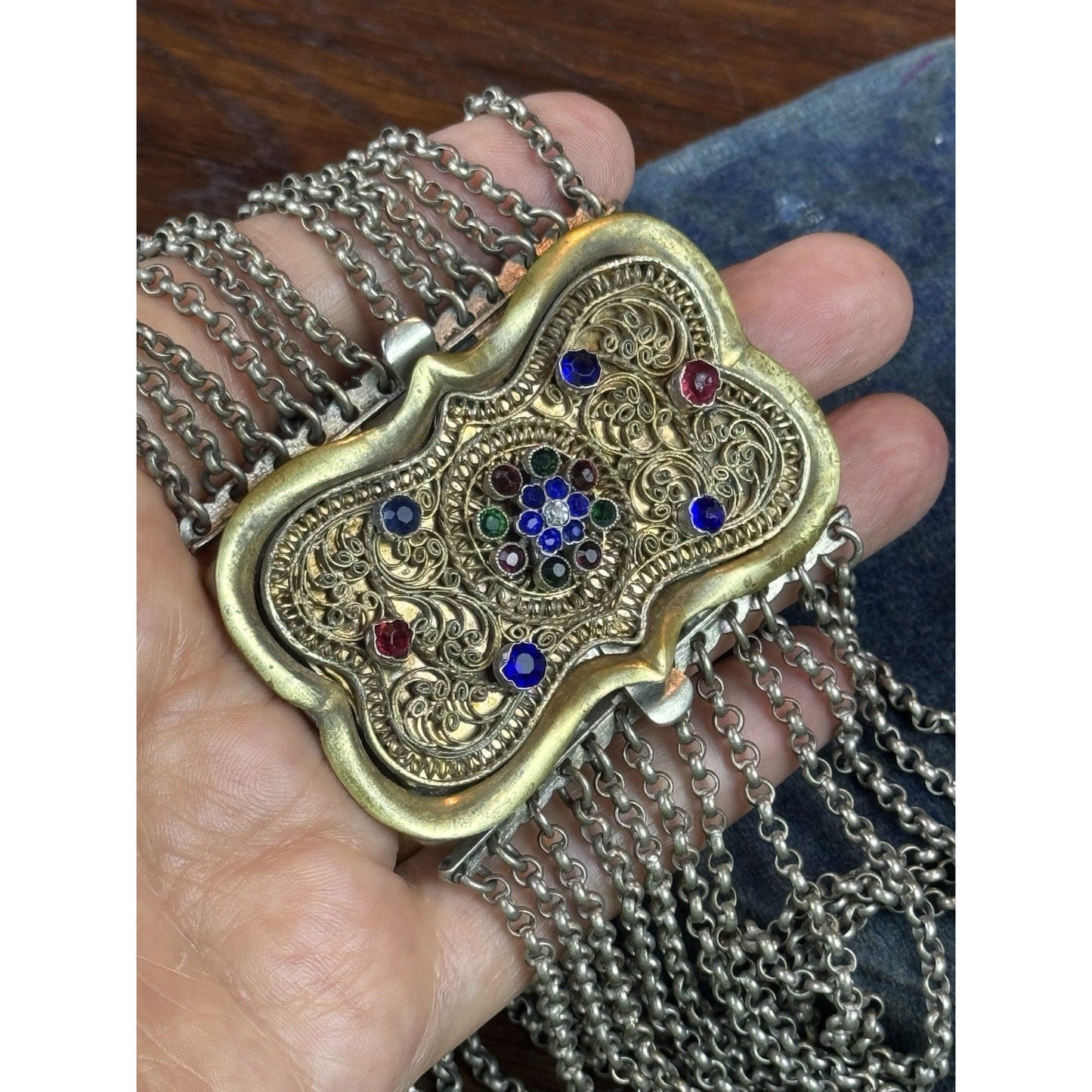 Vintage Trachten Choker Necklace 12 Strand Rhinestone Filigree Brass 13”