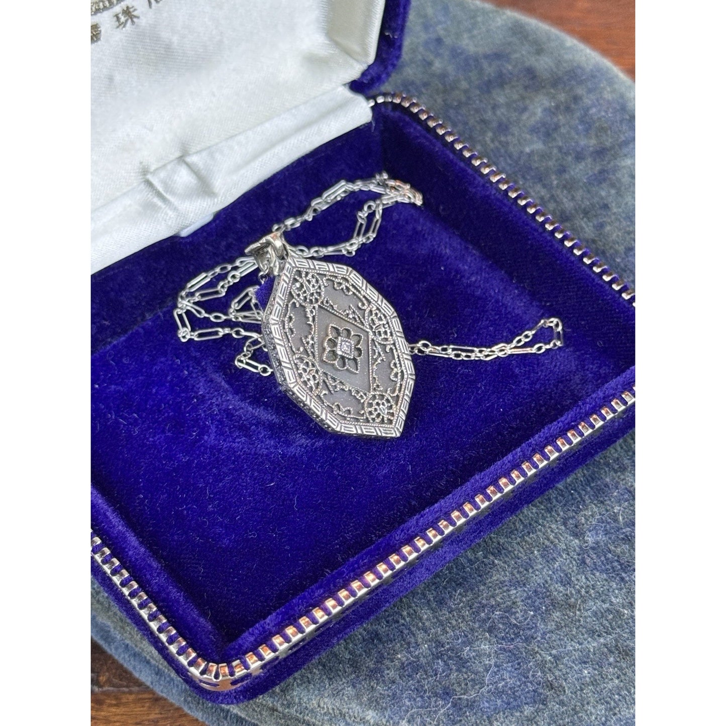 Sterling Camphor Glass Necklace Art Deco Style Filigree Pendant 19”