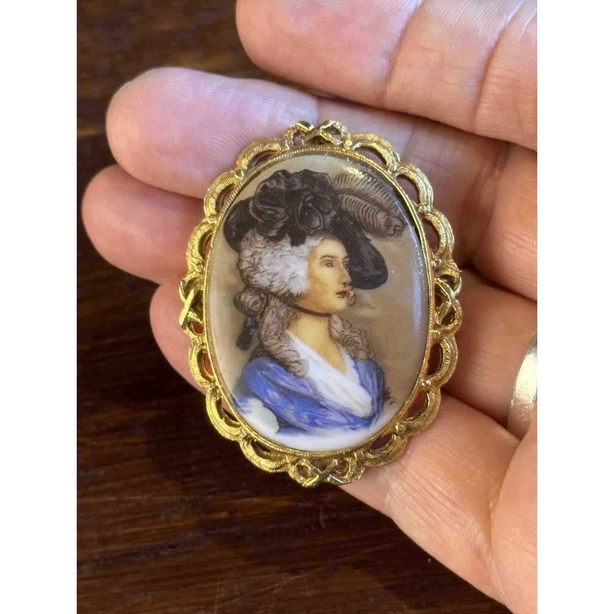 Lady Portrait Brooch VINTAGE Blue Dress Feather Hat Goldtone Oval Frame 2”