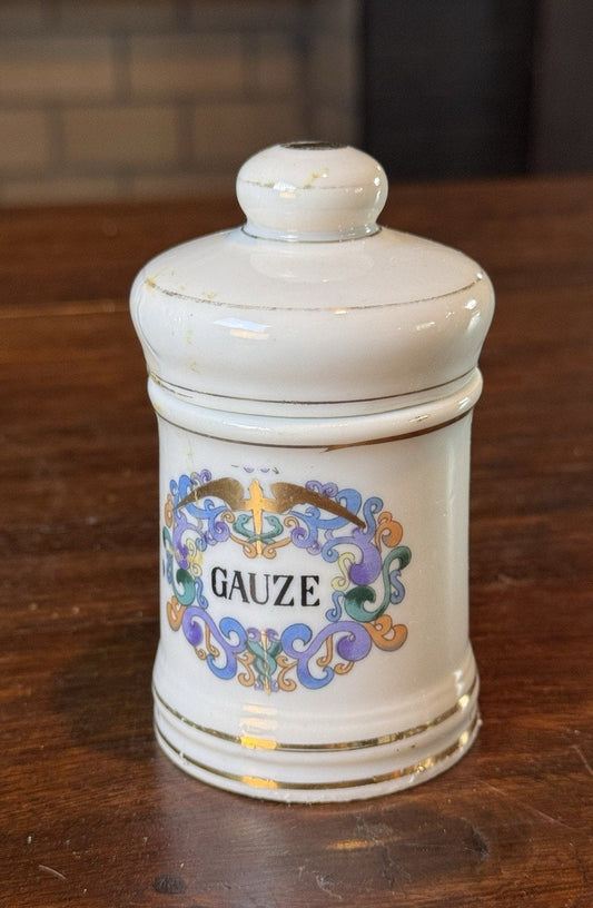 Vintage Porcelain Gauze Apothecary Jar Medical Canister With Lid 4.25”