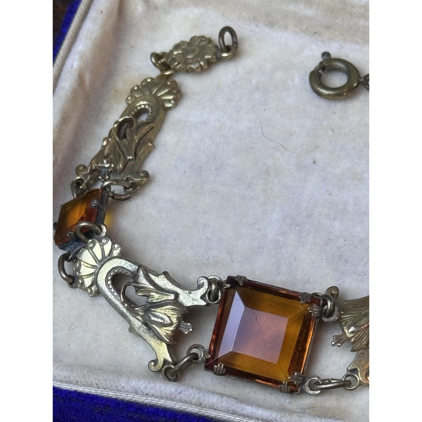 Antique Czech Bracelet Ambertone Paste Art Nouveau Goldtone Floral Links 7.25”