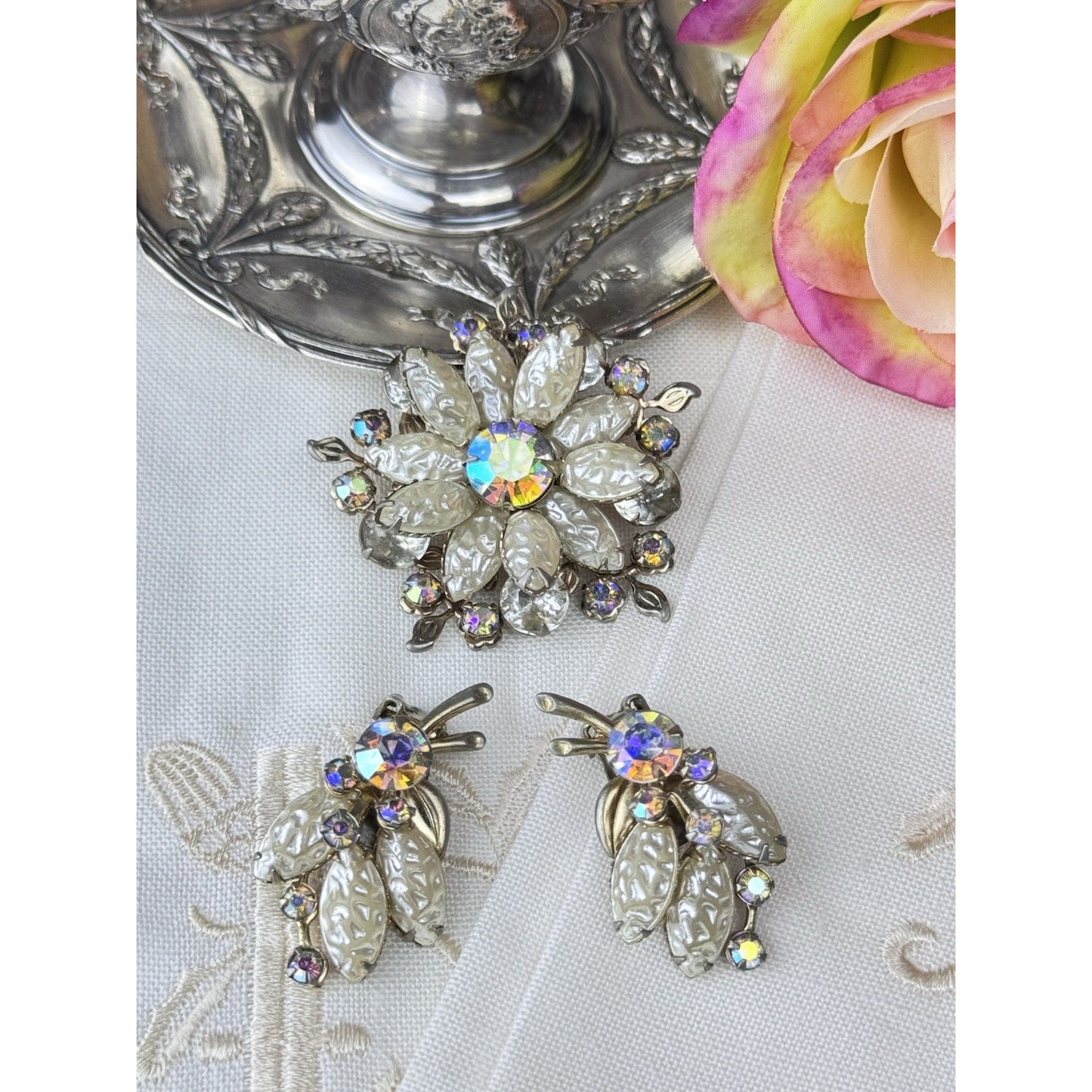Brooch Clip Earrings Demi Parure Set Vintage Faux Pearl AB Rhinestone Floral