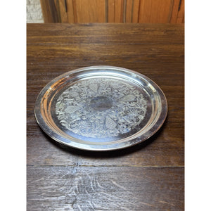 Vintage Silverplate Round Serving Tray 12” Ornate Floral Engraved Platter