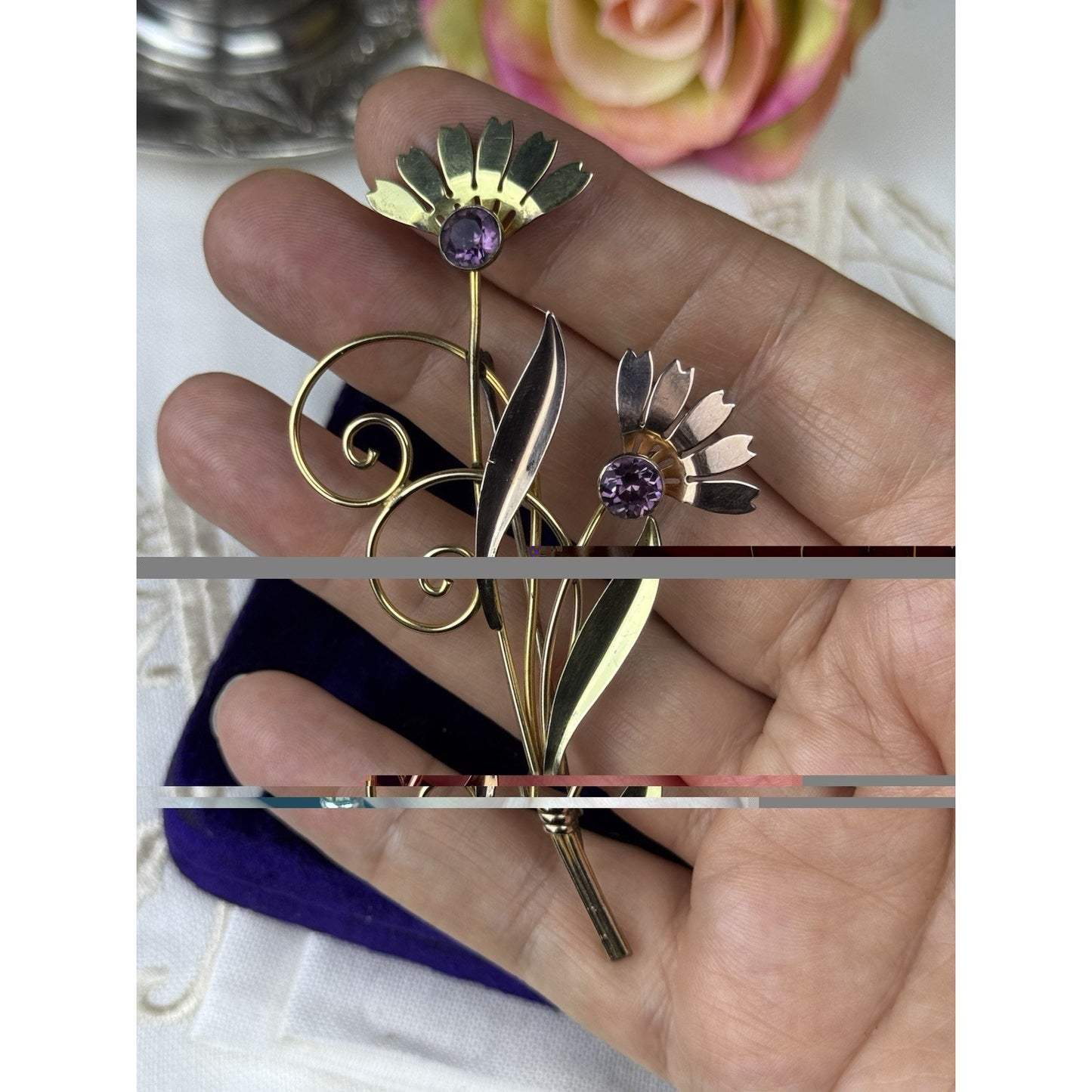 Van Dell Sterling Gold-Filled Floral Brooch Purple Rhinestones 3” Vintage