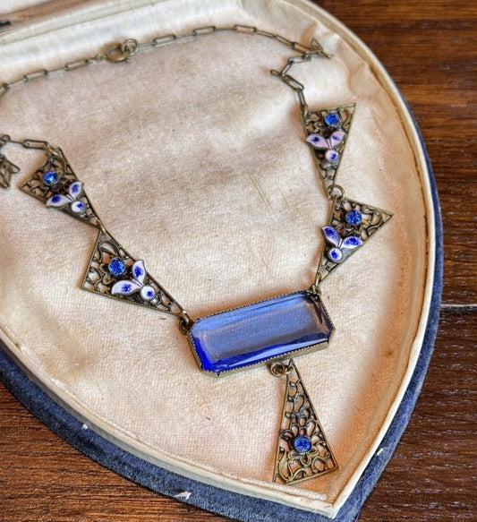 Antique Czech Necklace Blue Glass Enamel Brass Filigree Art Deco 15.5” L