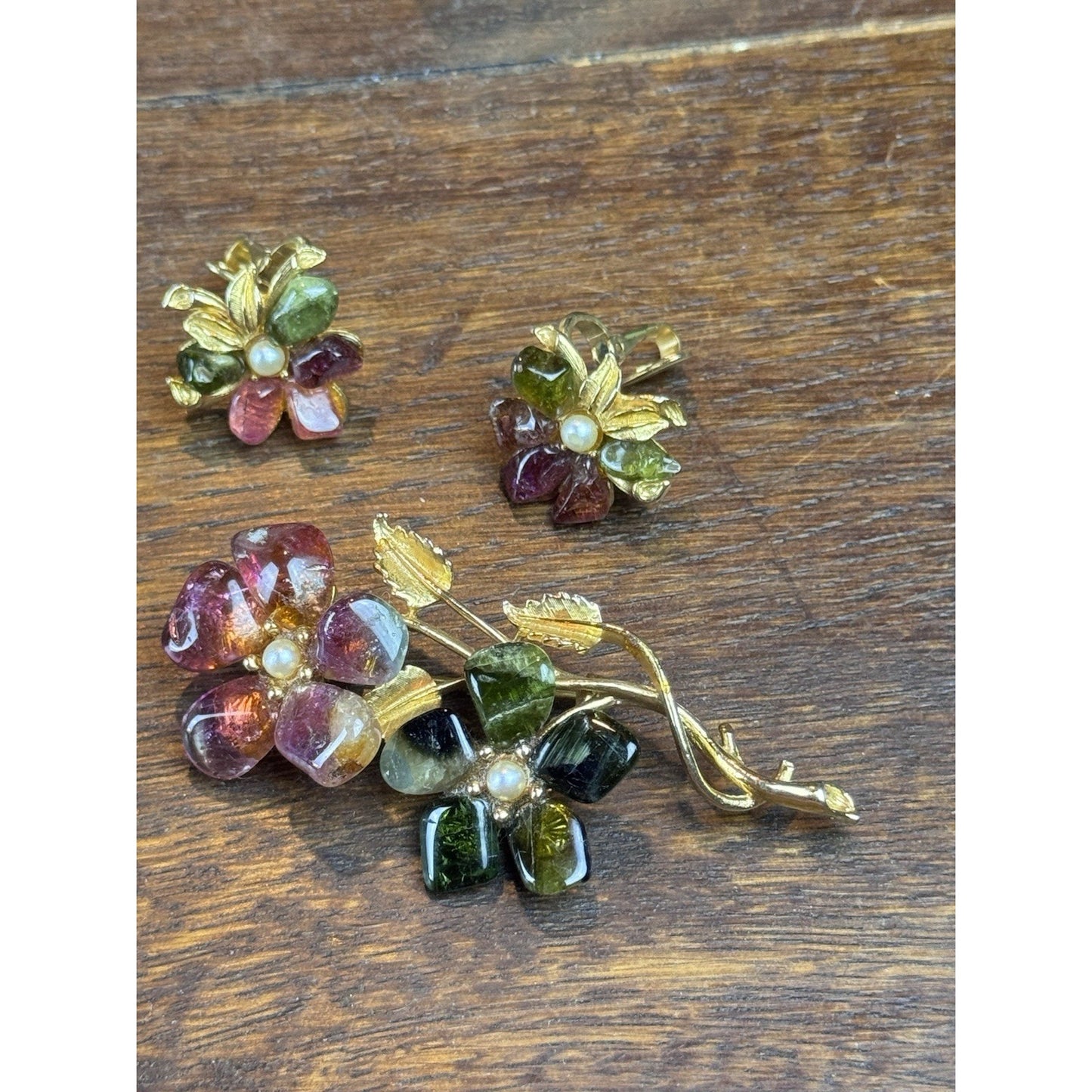 Vintage BARCS Stone Flower Brooch Earrings Set C725 Goldtone Australia