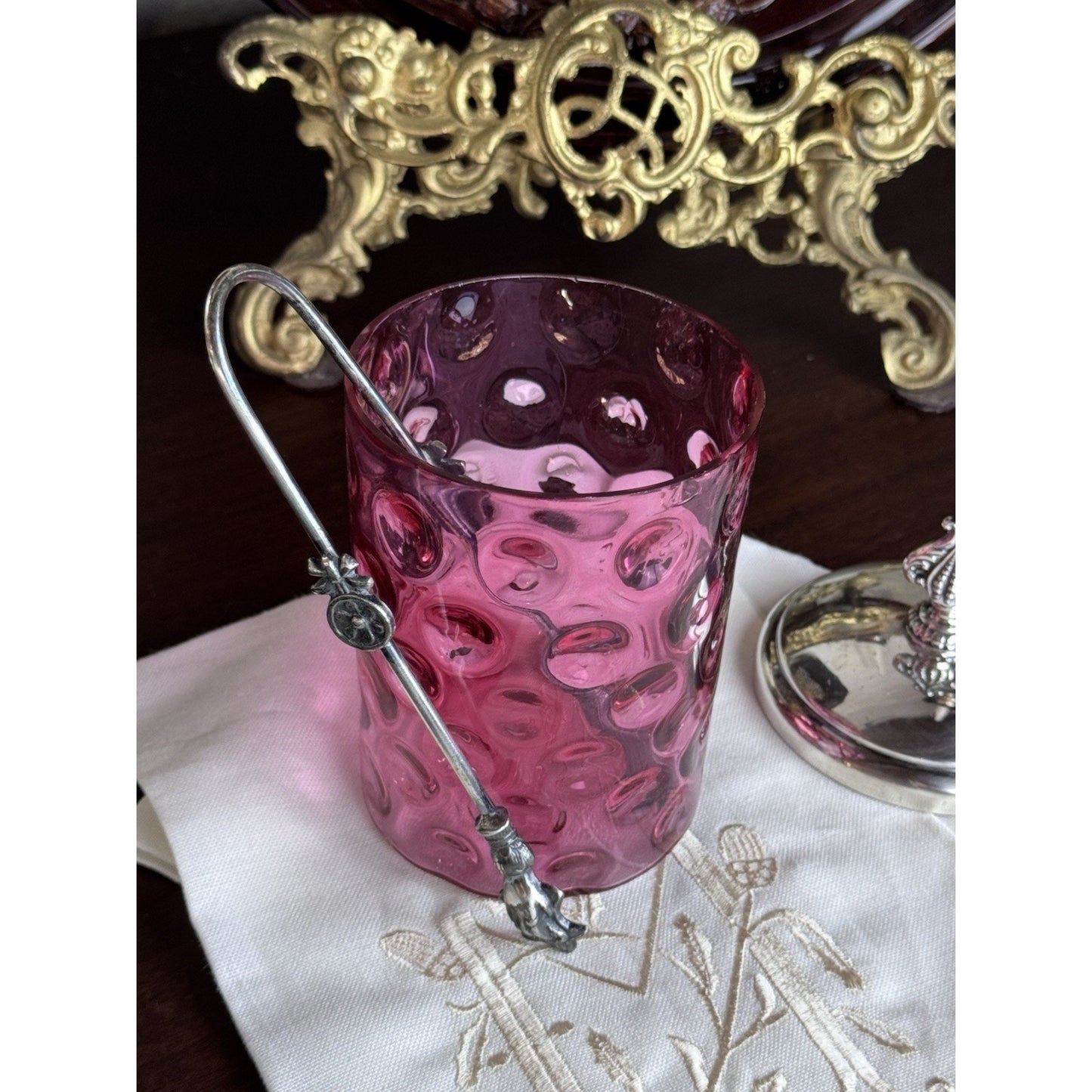 Antique Pickle Castor Cranberry Thumbprint Glass Silverplate Lid Tongs Jar Chips on Rim!!!