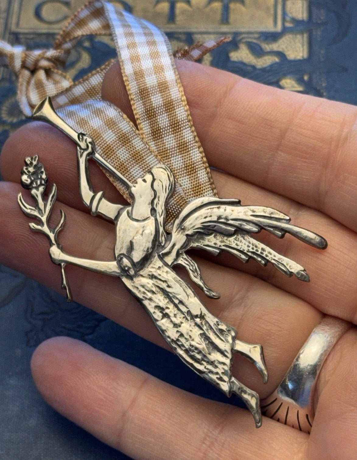 Sterling Silver Angel Ornament Schwarzschild Christmas Trumpet Vintage 3” x 1.5”