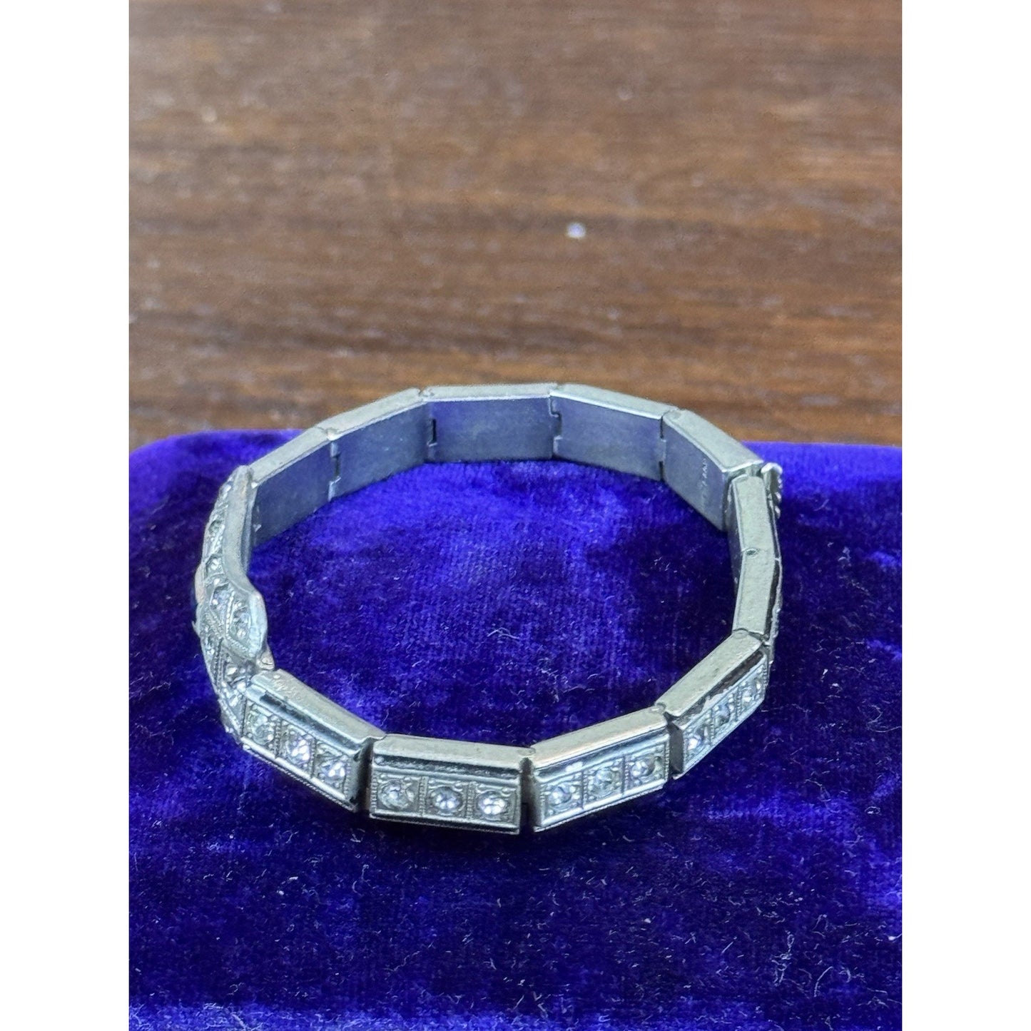 NOV-E-Line Bracelet 6” 1920s Art Deco Silvertone Rhinestone Blue Glass