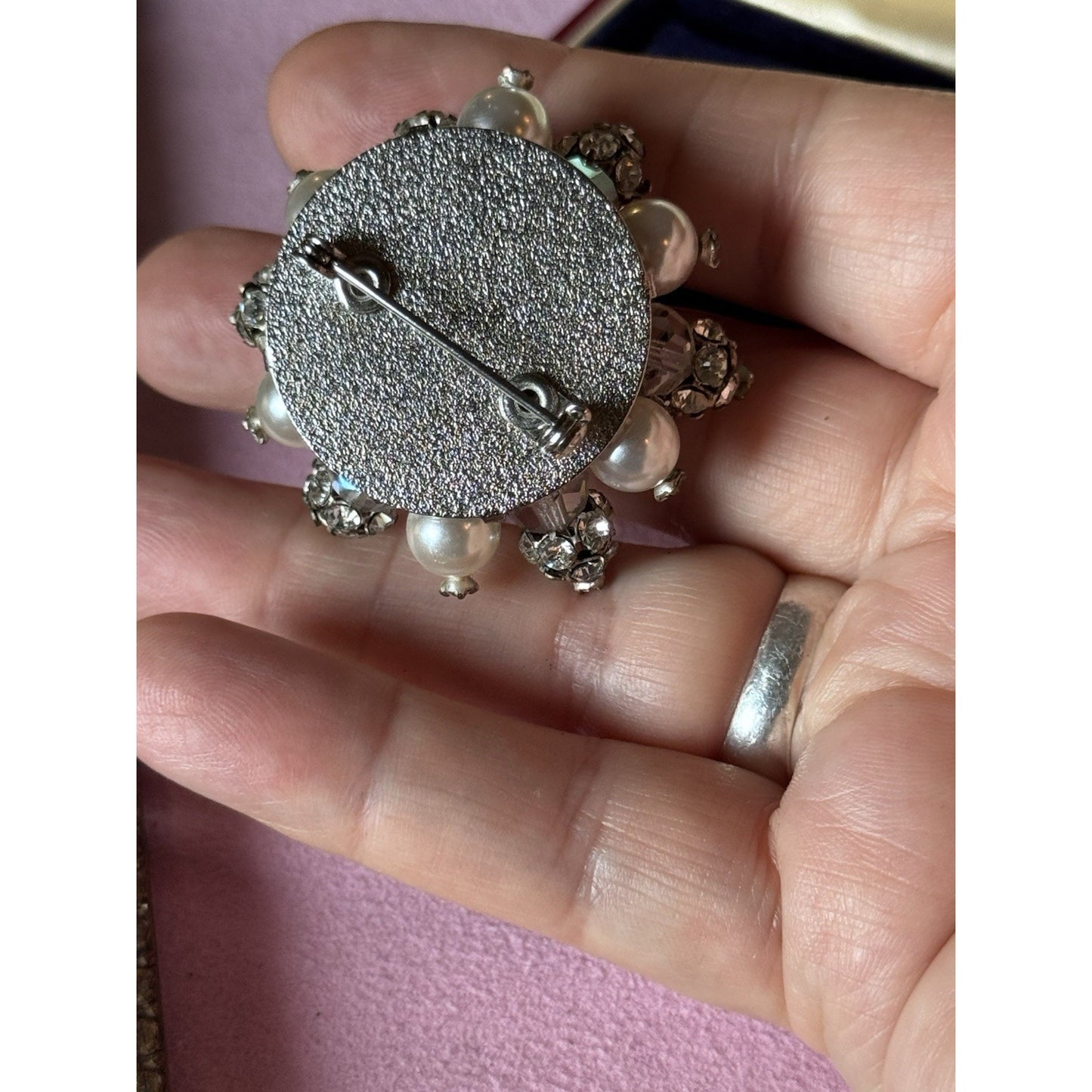 Vintage Brooch Faux Pearl Rhinestone Cluster Silvertone Crystal Bead Pin