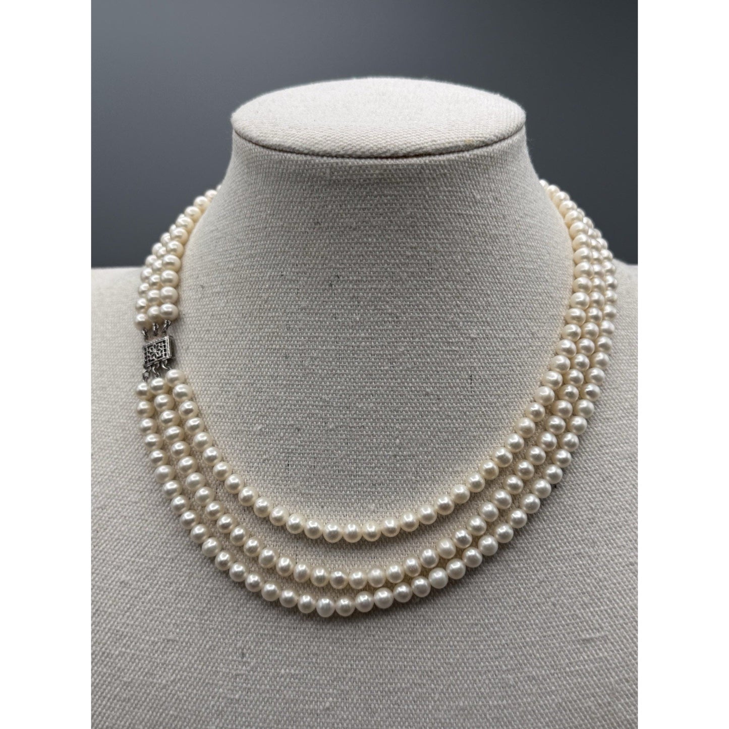 Vintage Cultured Pearl Necklace 3 Strand 16” White Pearls Silvertone Clasp