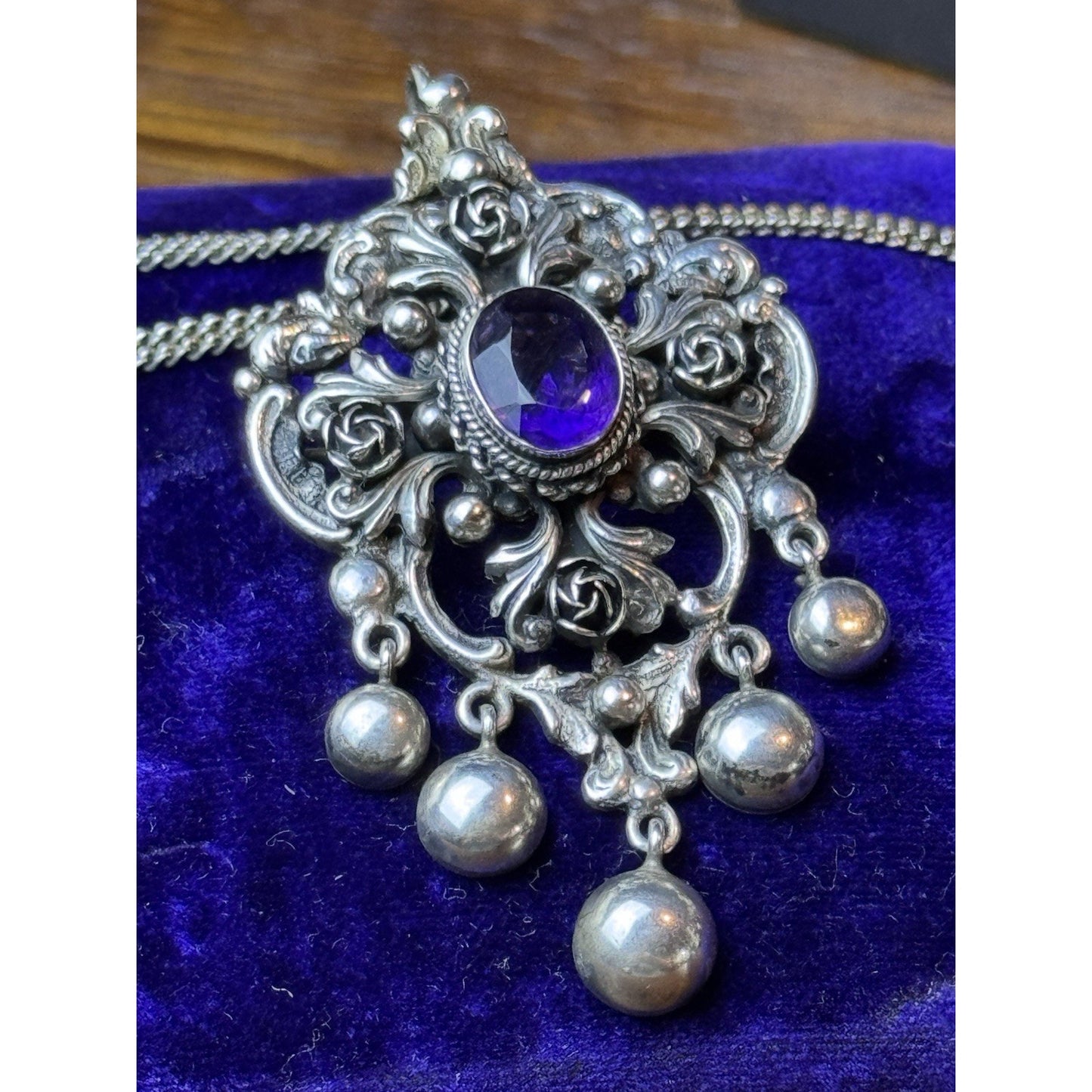 PERUZZI 800 Silver Florence Pendant Brooch Renaissance Revival Purple Stone