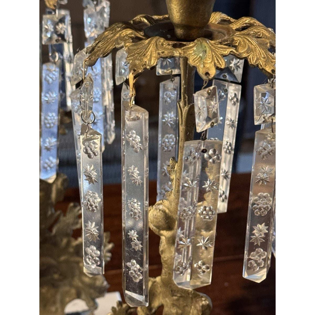 Girandole Candelabra Set Goldtone Floral Marble Crystal Prisms 3 Piece 18” 15.5”