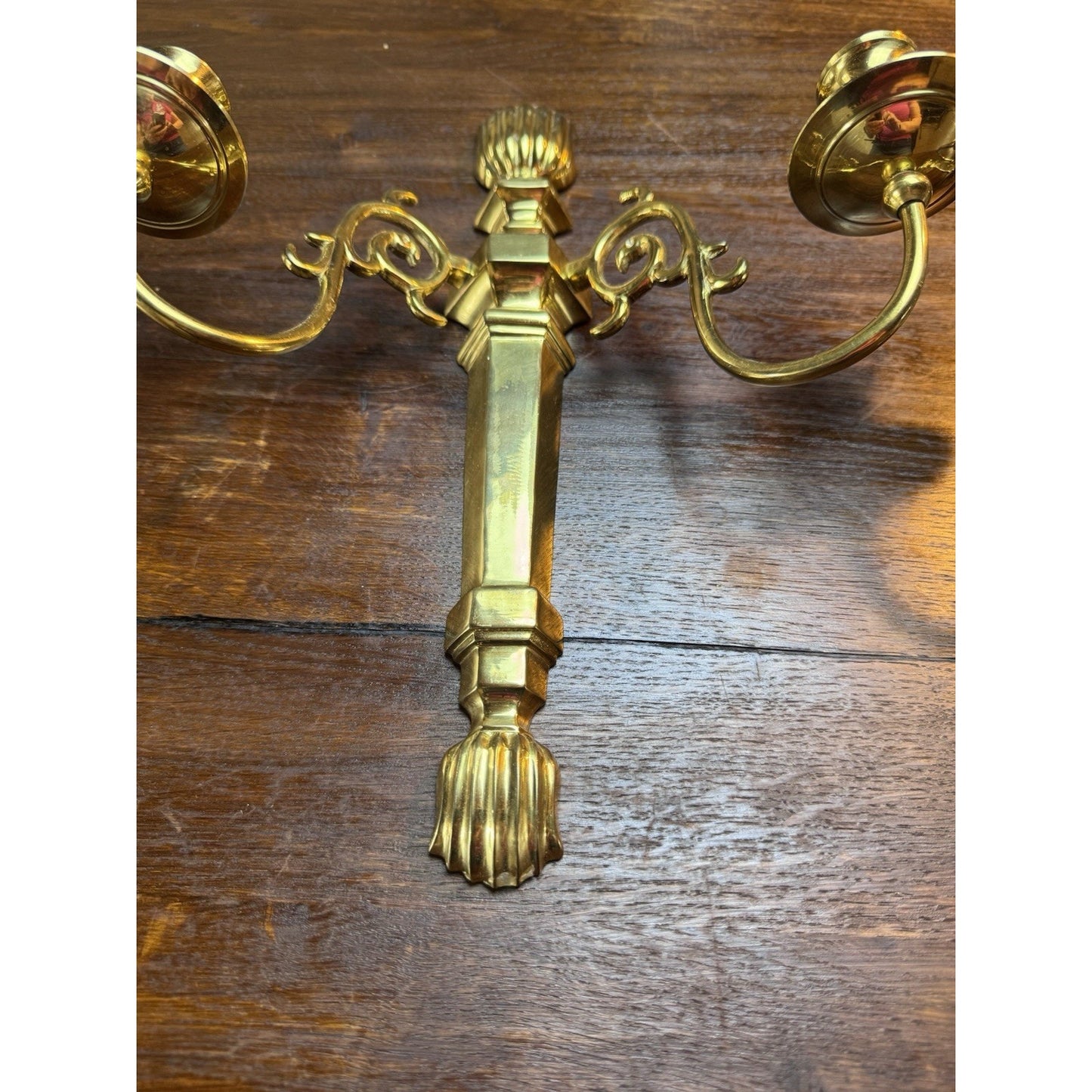 Pair Vintage Brass Wall Candle Sconces India Lacquered 2 Arm 15”