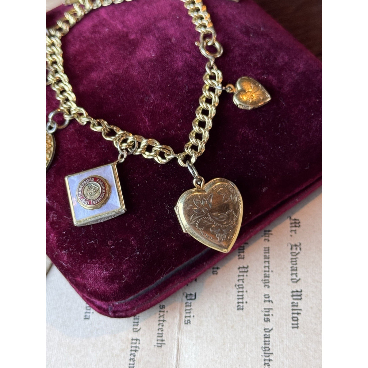 Gold-Filled Charm Bracelet 9 Charms Lockets Cross Marine Fordham 6.5”