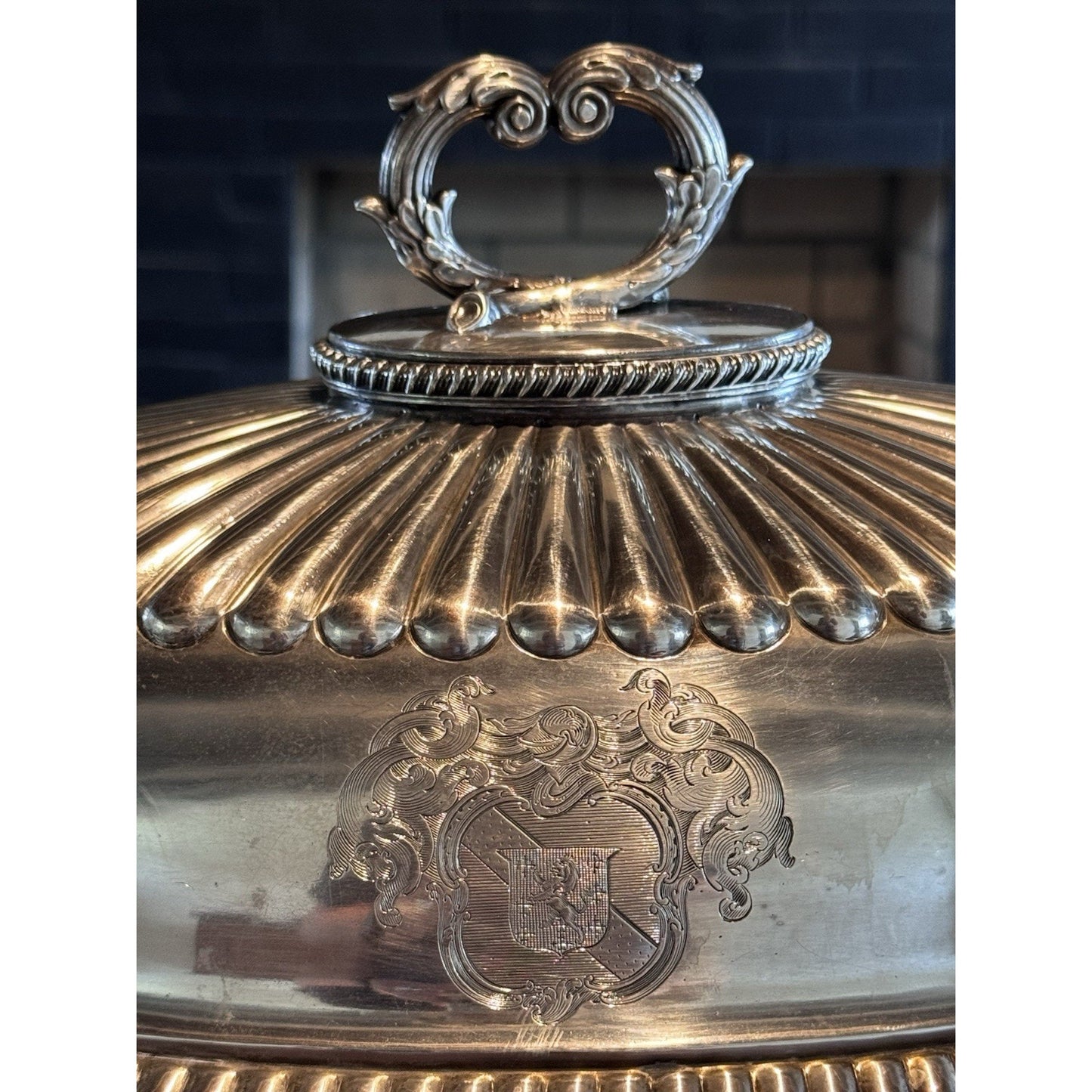 Antique Sheffield Silver Plate Food Dome with Heraldic Engraving