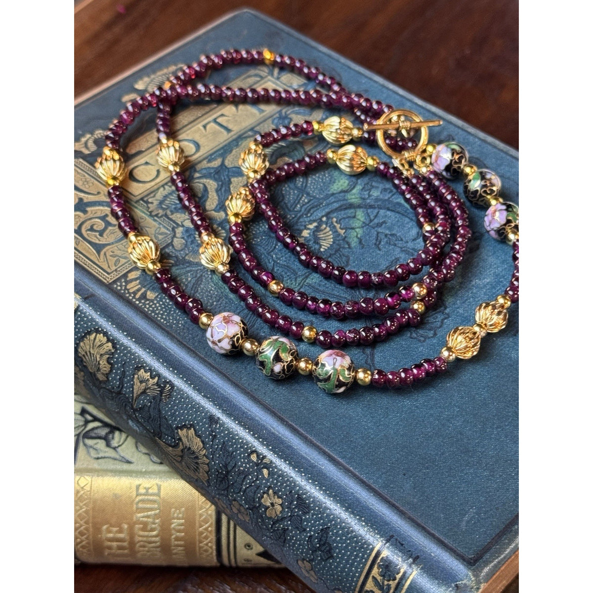 Garnet Double Strand Necklace 19” Floral Cloisonné Goldtone Beads Newly Restrung