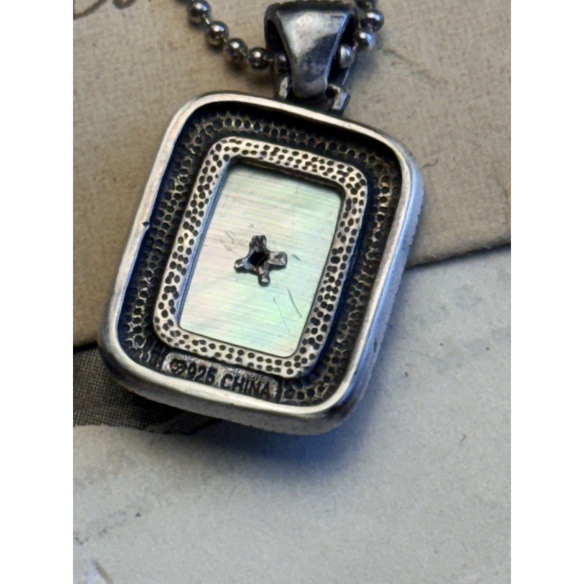 925 Sterling Silver Mother Of Pearl Marcasite Pendant Necklace 23” Ball Chain 1”