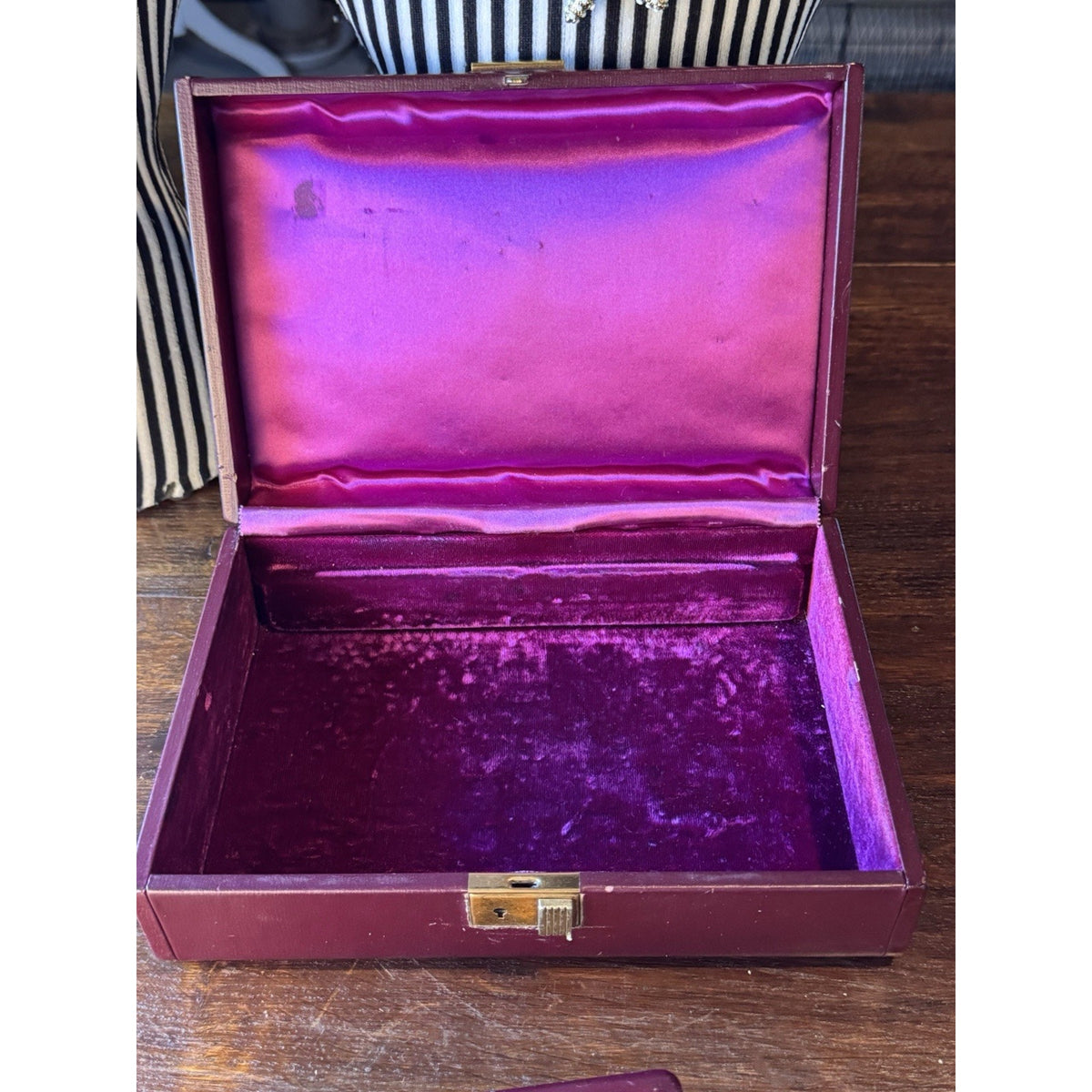 Vintage Farrington Jewelry Box Burgundy Texol Velvet Lined With Insert Case 9.5”
