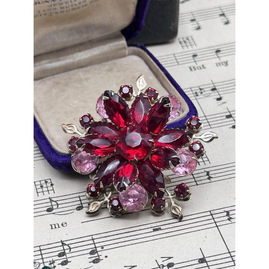 Vintage Red Pink Rhinestone Floral Brooch Silvertone Layered Flower Pin 2”