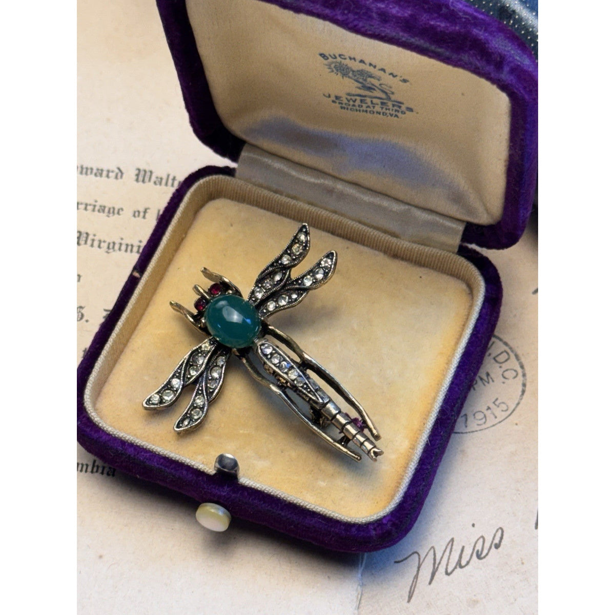 Dragonfly Brooch ART Signed Green Cabochon Rhinestone Goldtone Vintage Pin 1.75”