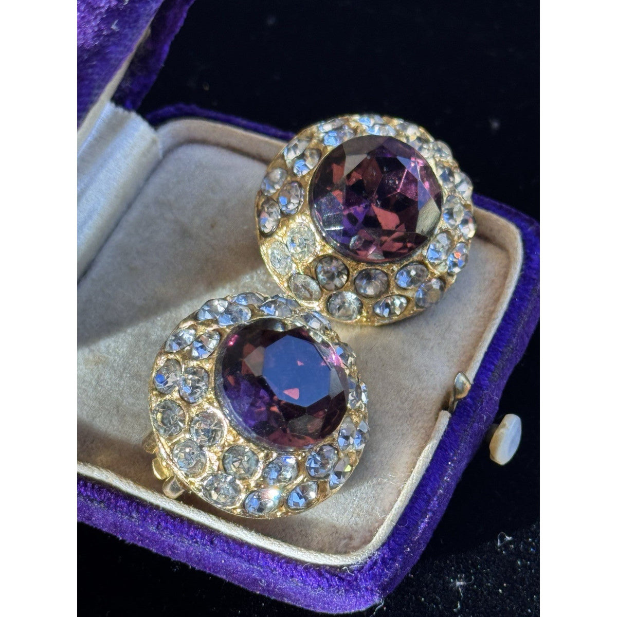 Blair Delmonico Clip On Earrings Purple Clear Rhinestone Round Vintage