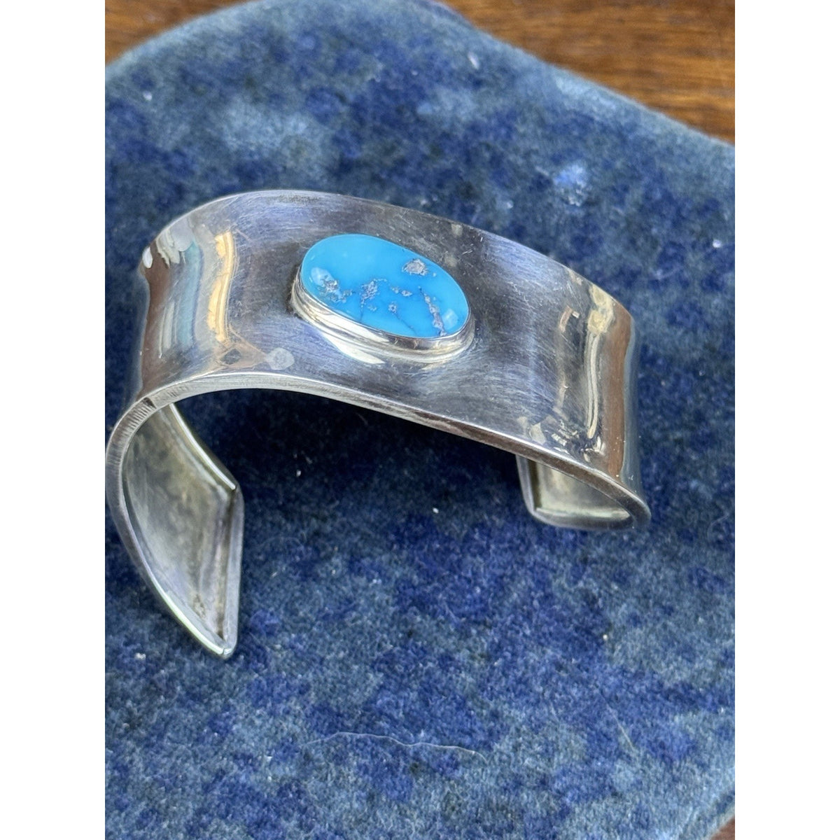 Sterling Silver Cuff Bracelet Blue Stone Wide Modernist Style 6.75” Wrist Size