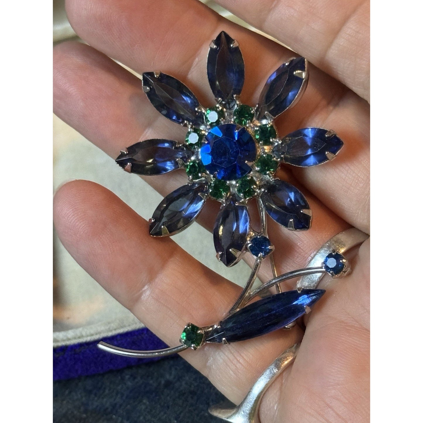 Vintage Blue & Green Rhinestone Flower Brooch Silver Tone Floral Pin 2.5”