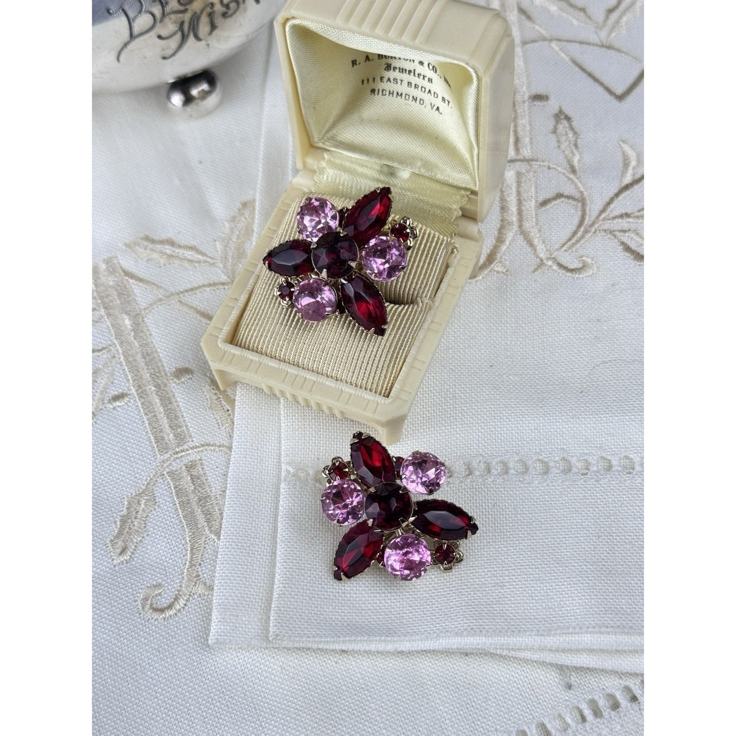 Vintage Clip Earrings Rhinestone Pink Burgundy Red Floral Goldtone 1” Cluster