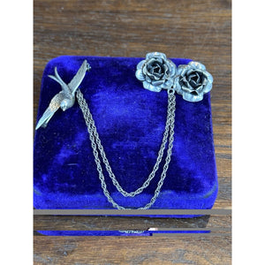 Vintage Sterling Silver Chatelaine Brooch Swallow Roses Double Chain 5.25”