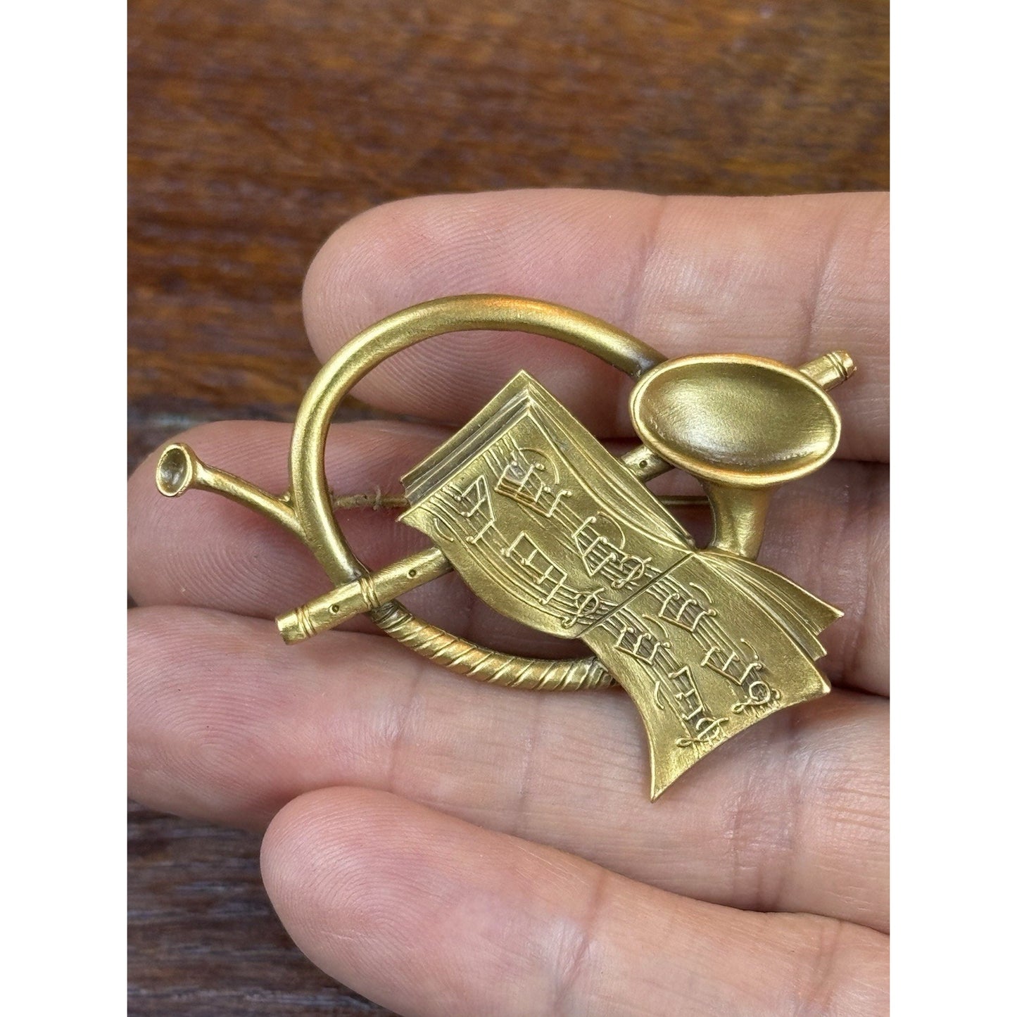 Vintage Brooch Goldtone French Horn Sheet Music Signed Old Salem 2”