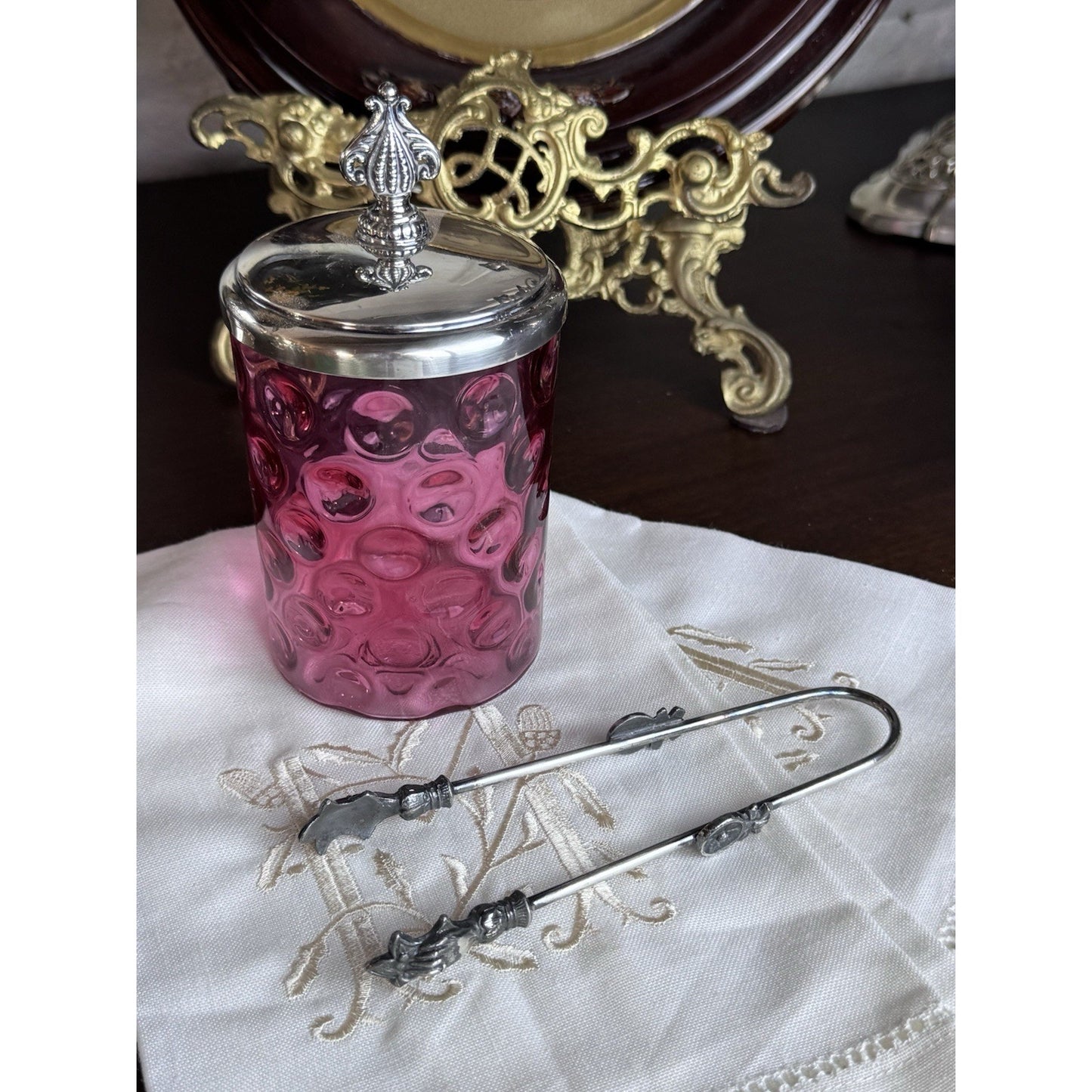 Antique Pickle Castor Cranberry Thumbprint Glass Silverplate Lid Tongs Jar Chips on Rim!!!
