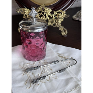 Antique Pickle Castor Cranberry Thumbprint Glass Silverplate Lid Tongs Jar Chips on Rim!!!