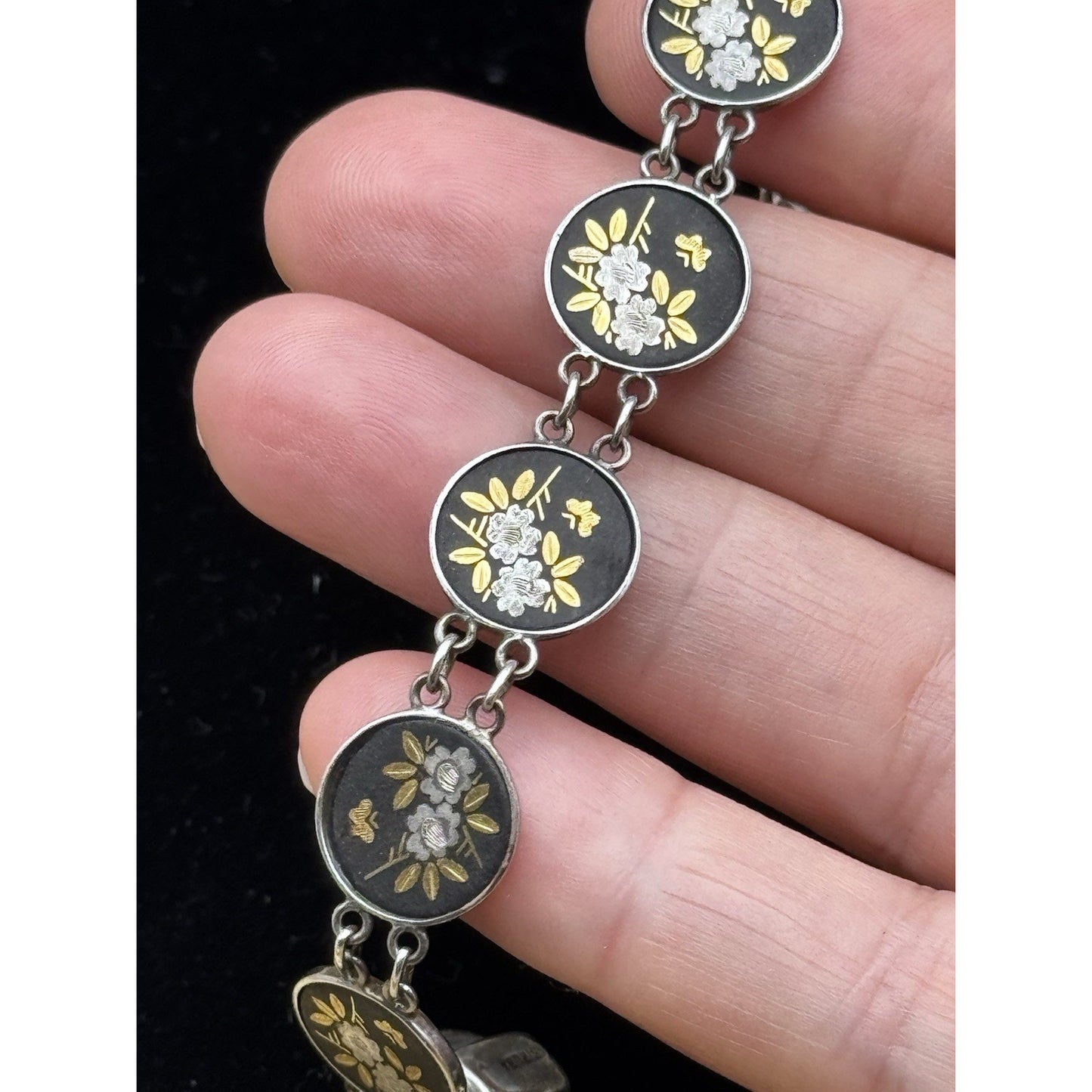 Japanese Damascene Necklace Set Silver Bracelet Earrings Floral Vintage