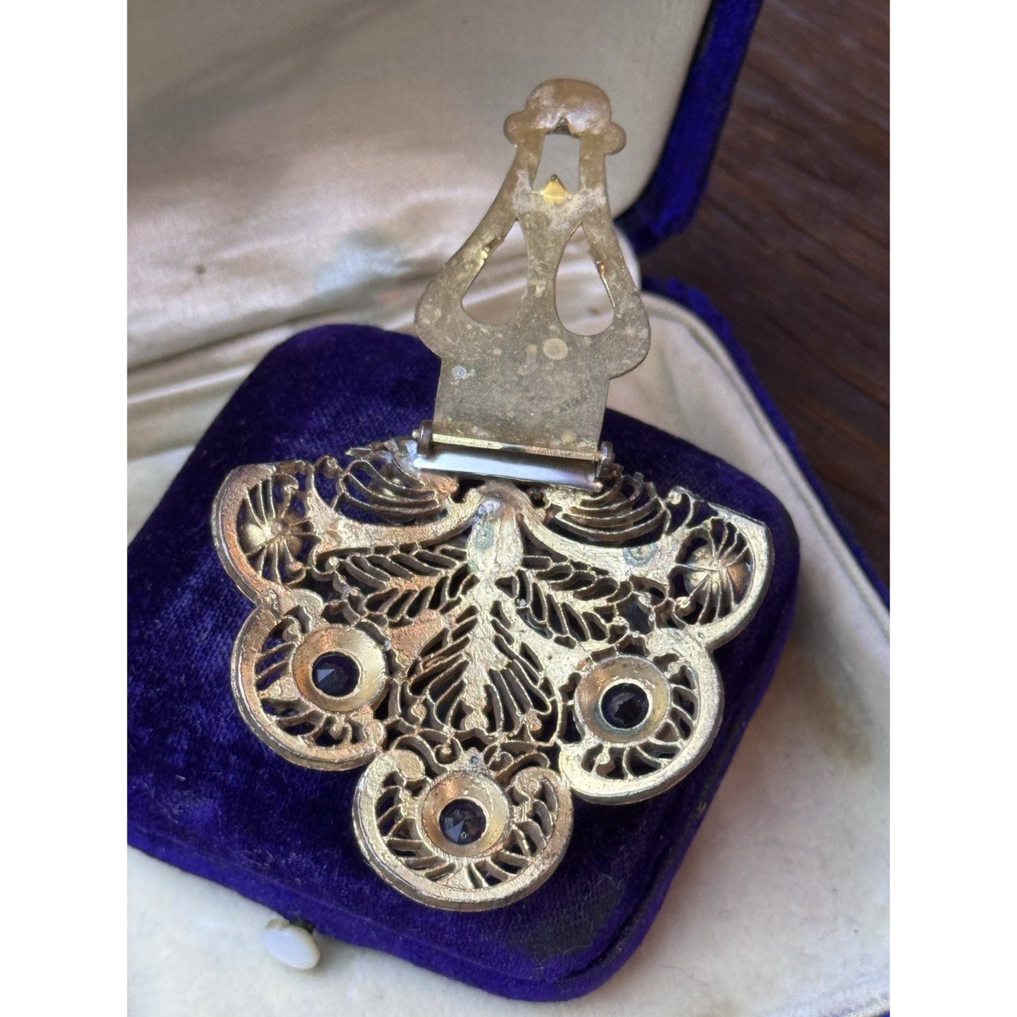 Antique Dress Clip Czech Style Purple Paste Goldtone Filigree Leaf Jewelry 1.75”